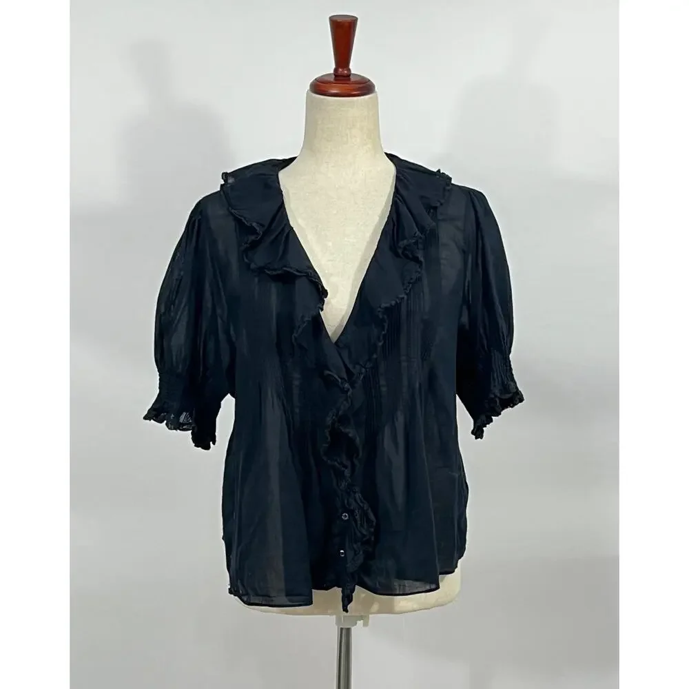 Doen Henri Black Ruffle Short Sleeve Blouse